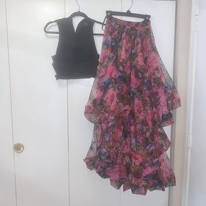 Two piece formal dress black and floral print.